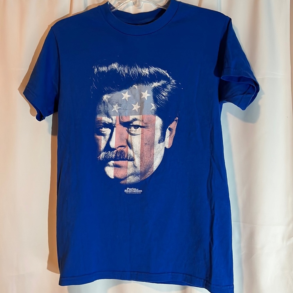 Parks and Recreation Ron Swanson shirt sleeve tee shirt royal blue size sm